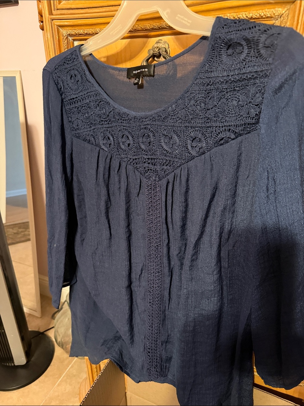 Spense Navy Crochet Yoke Tunic Top
